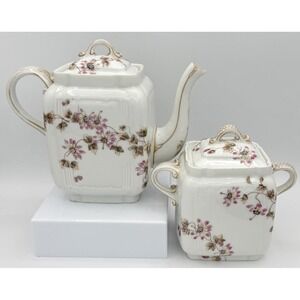 Haviland Limoges Porcelain Teapot and Covered Sugar Bowl Schleiger 373 EUC